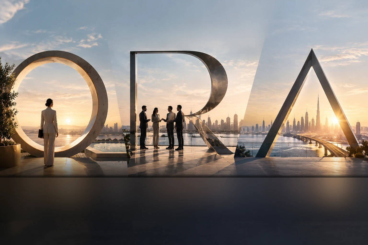 ORA International: the letters O, R and A as three large sculptural forms at sunrise, standing for Ownership, Relationships and Ambition