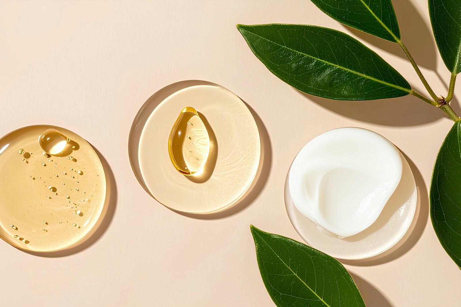 Skincare textures of oil, serum and cream beside green leaves, representing beauty, wellness and personal care